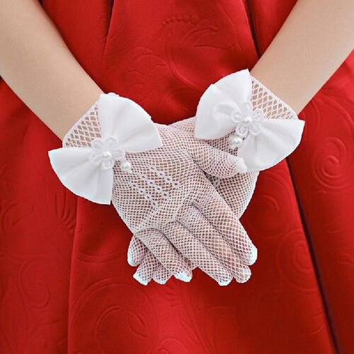 Exquisite White Lace Faux Pearl Fishnet Gloves Communion