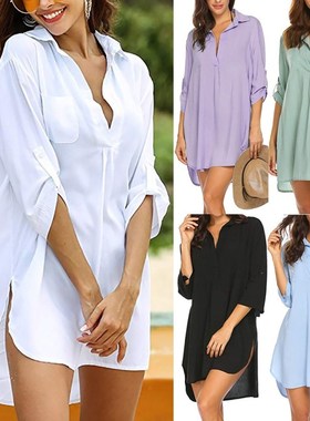 Deep neckline fashion beach sun bathing suit shirt dress
