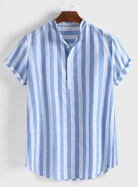 Mens Striped Cotton Linen Shirts Summer Fashion Casual Shirt