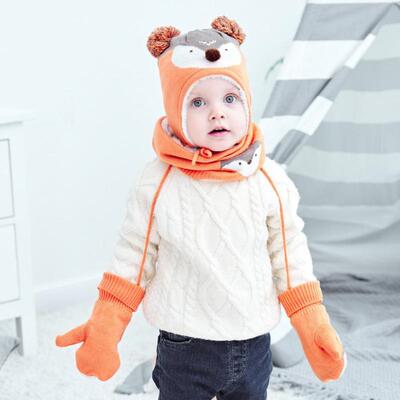 1 Set  Knitted Cap Attractive Fox Pattern Scarf Gloves