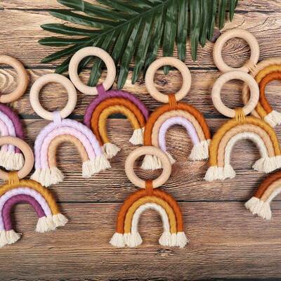 Rainbow Teething Toys Safe Organic Wooden Ring Baby Wood Te