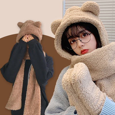 Cute Bear Ear Hat Scarf Gloves Set Winter Women Novelty Caps