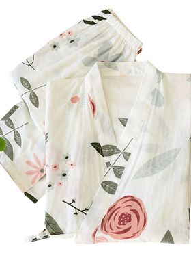 Rose Printed Ladies Kimono Style Pajamas Set Loose Thin V-Ne
