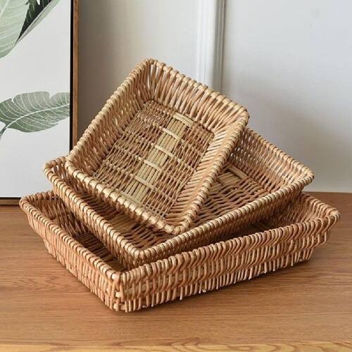 Handwoven Rattan Storage Basket Square Wicker Tray Picnic