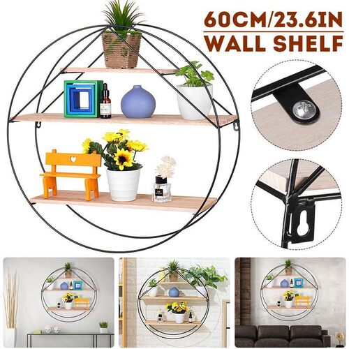 60cm Wooden Iron Wall Hanging Shelf Retro Round Office Sundr