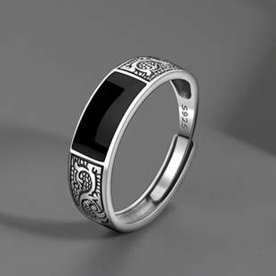 龙纹戒指新款牌百搭高级感时尚花纹黑耀锆石开口戒指食指环