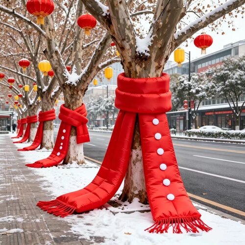 大树红围巾蝴蝶结气模树木装饰