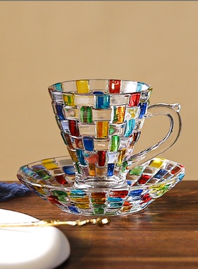 出口款高颜值彩绘水晶玻璃咖啡杯碟套装SRT