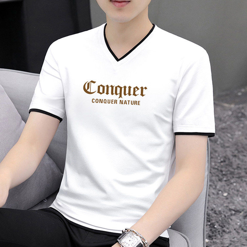白色V领短袖t恤男纯棉2026夏季新款潮流印花男士修身薄款透气上衣