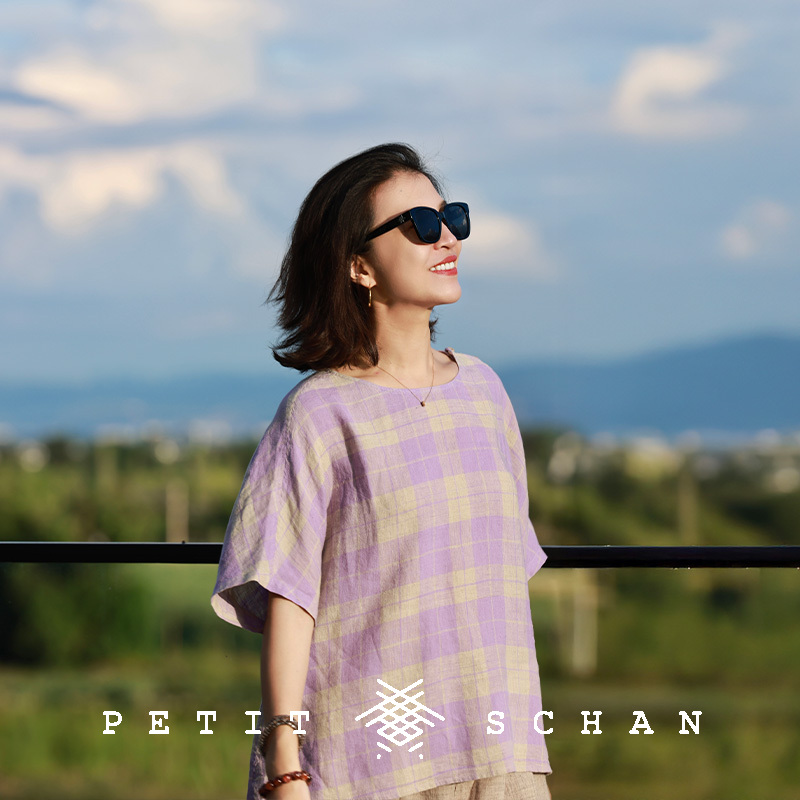 小闪纯亚麻色织格纹休闲小衫短袖