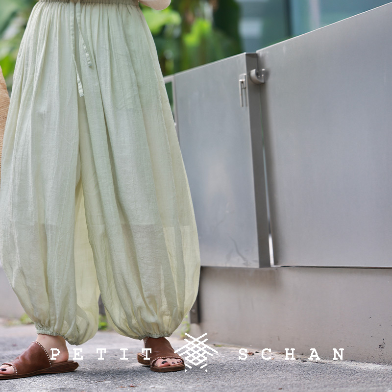 小闪苎麻莱赛尔松紧腰打坐灯笼裤