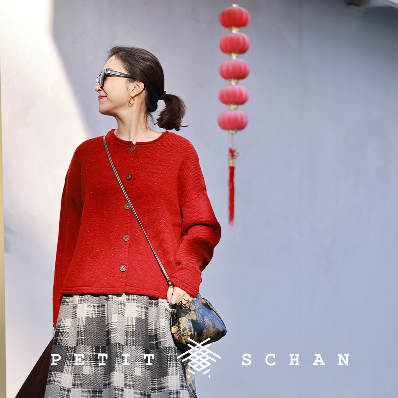 小闪纯羊毛点纱圆领长袖开衫毛衣