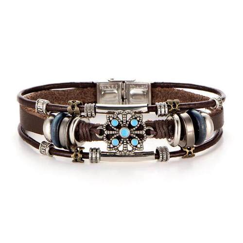 Vintage flower Turquoise mens Leather Bracelet绿松石皮手錬