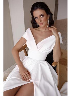 White long dress 一字露背V领晚礼服白色系列拖地轻婚纱连衣裙女