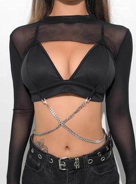 sexy long sleeve black fitted crop mesh sleeve top women sm