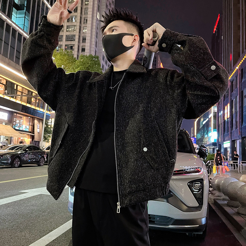 J79 P138控178 潮牌解构设计痞帅高级感翻领毛呢夹克外套上衣黑1图片