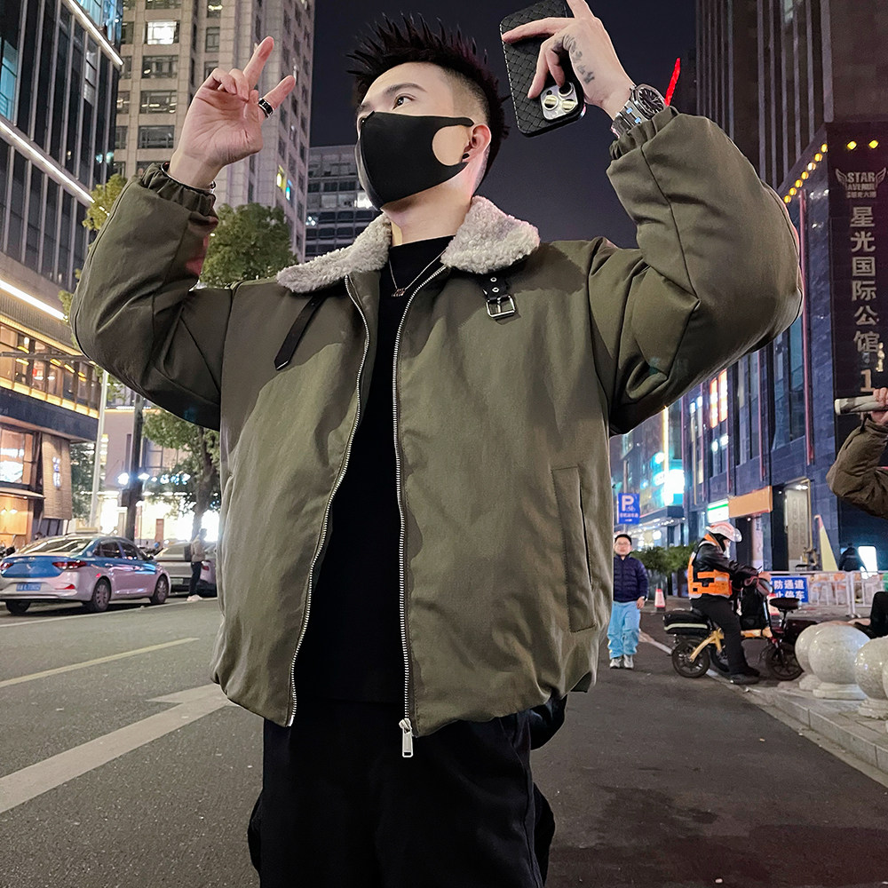 A67/P148控198潮牌秋冬款男士毛领棉服外套休闲痞帅上衣绿2，男装棉衣，电商A366