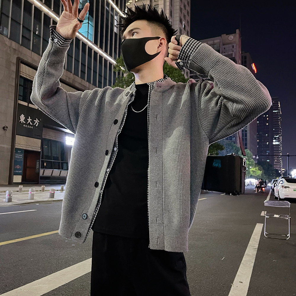 J76 P118控158 痞帅男生双层领格纹撞色假两件毛衣针织开衫外套2图片