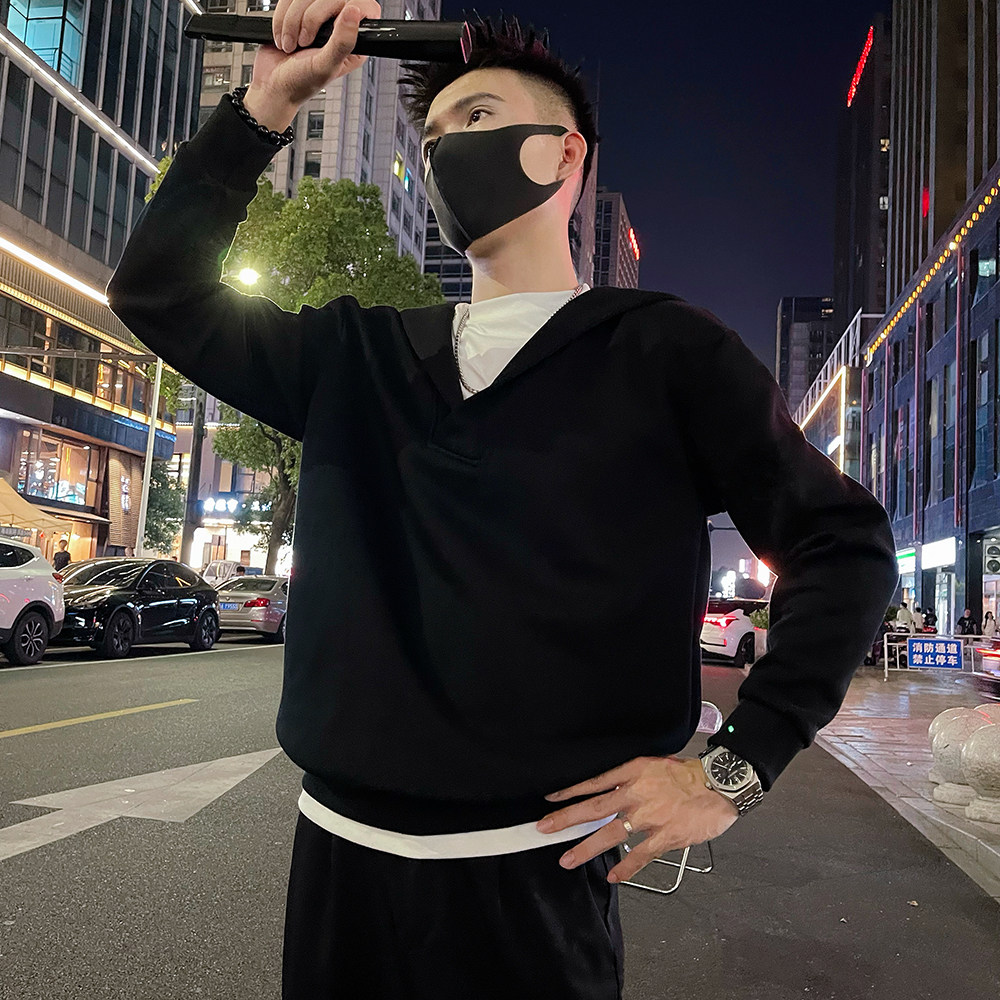 W129/P78控108秋款男士连帽卫衣潮牌休闲个性百搭假两件上衣,男装卫衣,电商A366