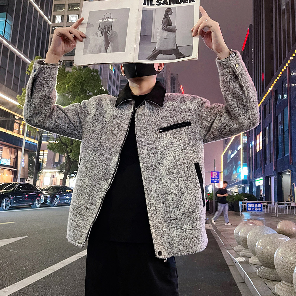 J80/P138控178 拉链装饰痞帅高级感拼接皮翻领毛呢夹克外套灰1图片