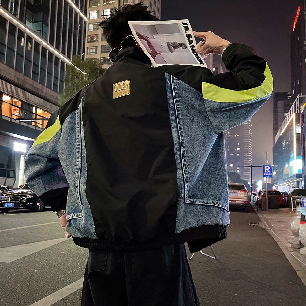 J65/P128控168高级感秋款夹克外套男美式复古牛仔拼接撞色上衣,男装工装外套,电商A366