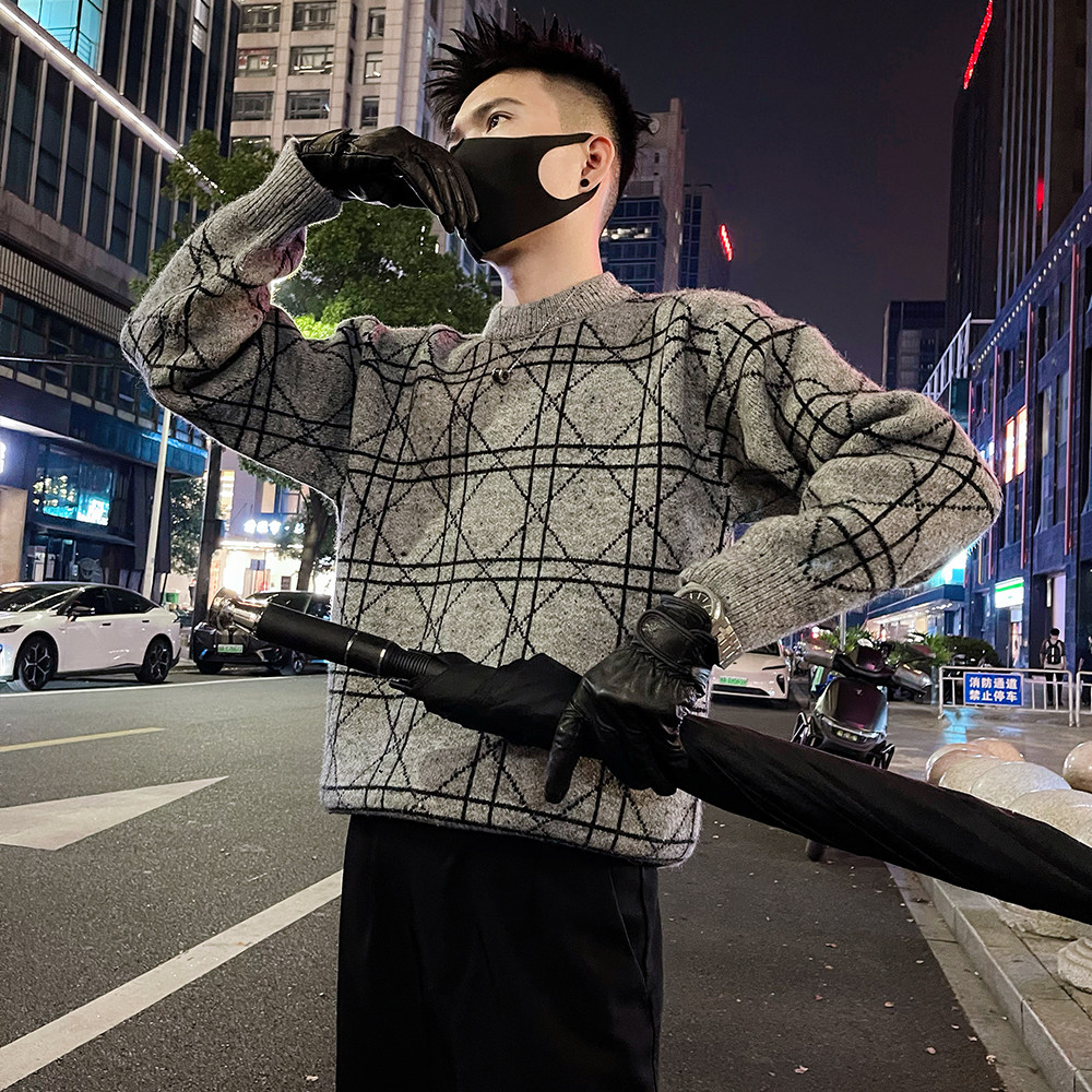 MY90/P98控138时尚菱形格加厚百搭基础针织打底衫潮男痞帅上衣3,男装T恤,电商A366