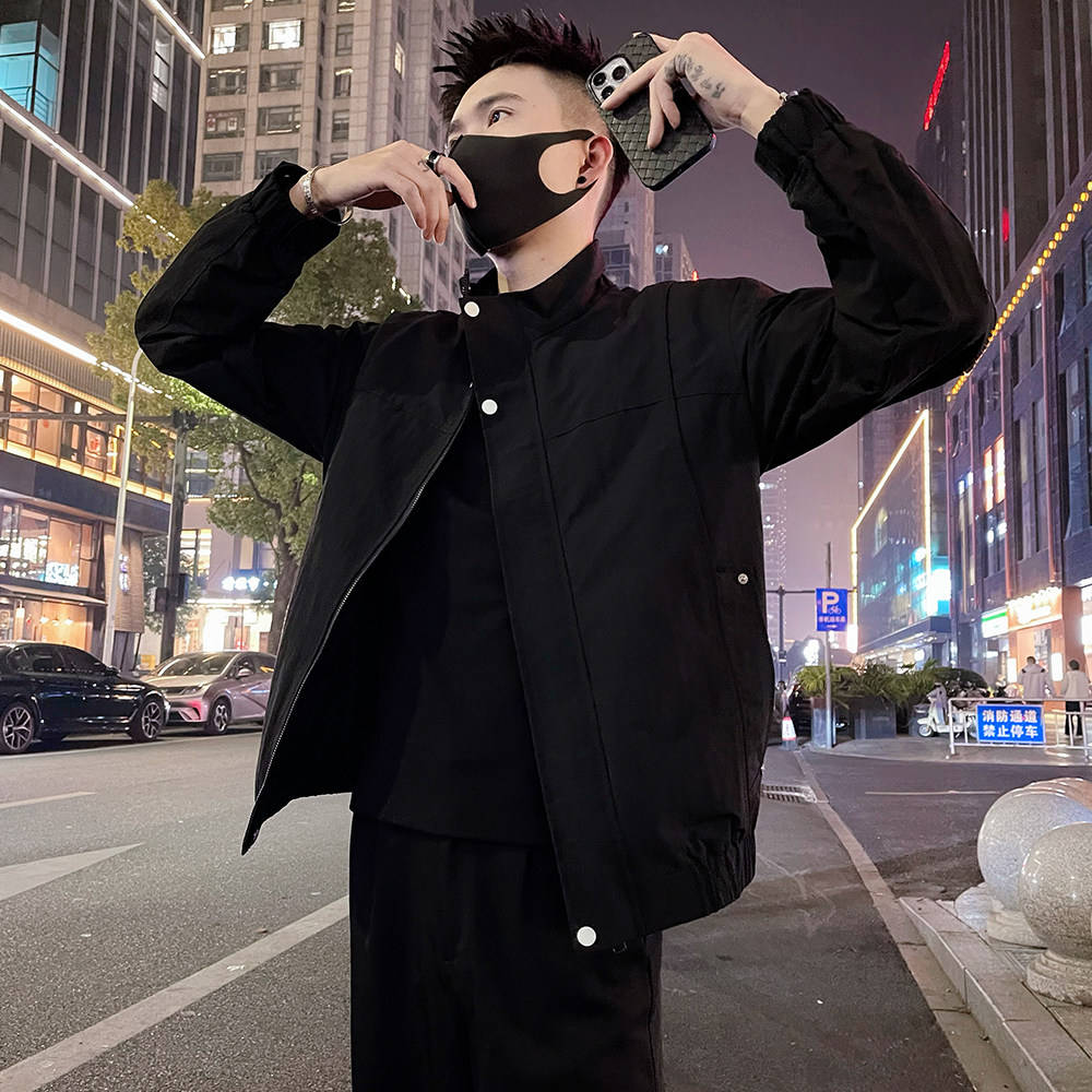 J96/P98控145潮牌春款金属饰工装立领痞帅夹克外套男黑1，男装夹克，电商A366