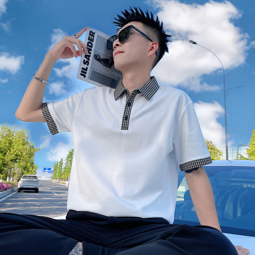 T268/P58控88男士短袖POLO衫设计感格纹拼料撞色休闲男装半袖黑1,男装Polo衫,电商A366