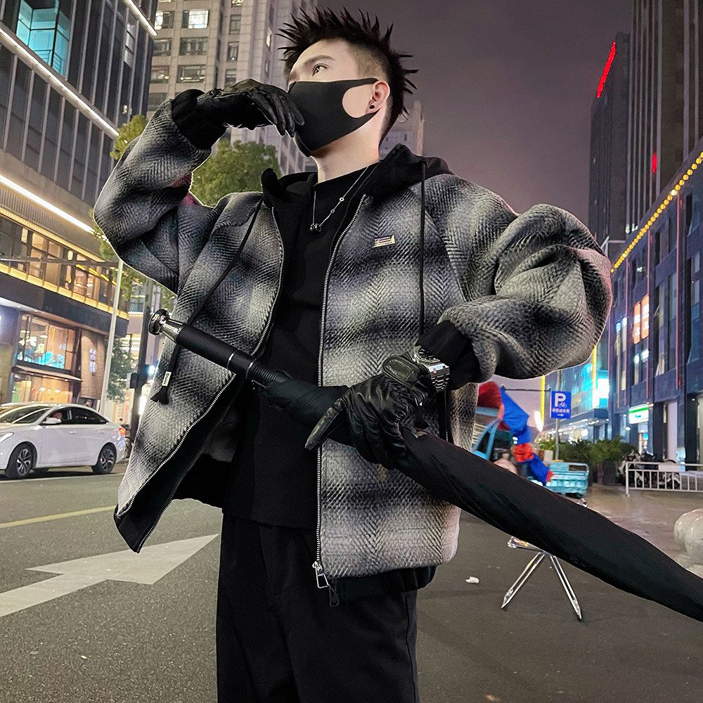 A61/P158控208秋冬保暖加绒假两件抽绳连帽男士棉服外套上衣黑3,男装棉衣,电商A366