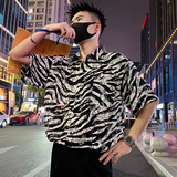 S31/P58控88男士夏季短袖衬衫潮牌休闲冰丝条纹设计感男装黑1，男装T恤，电商A366