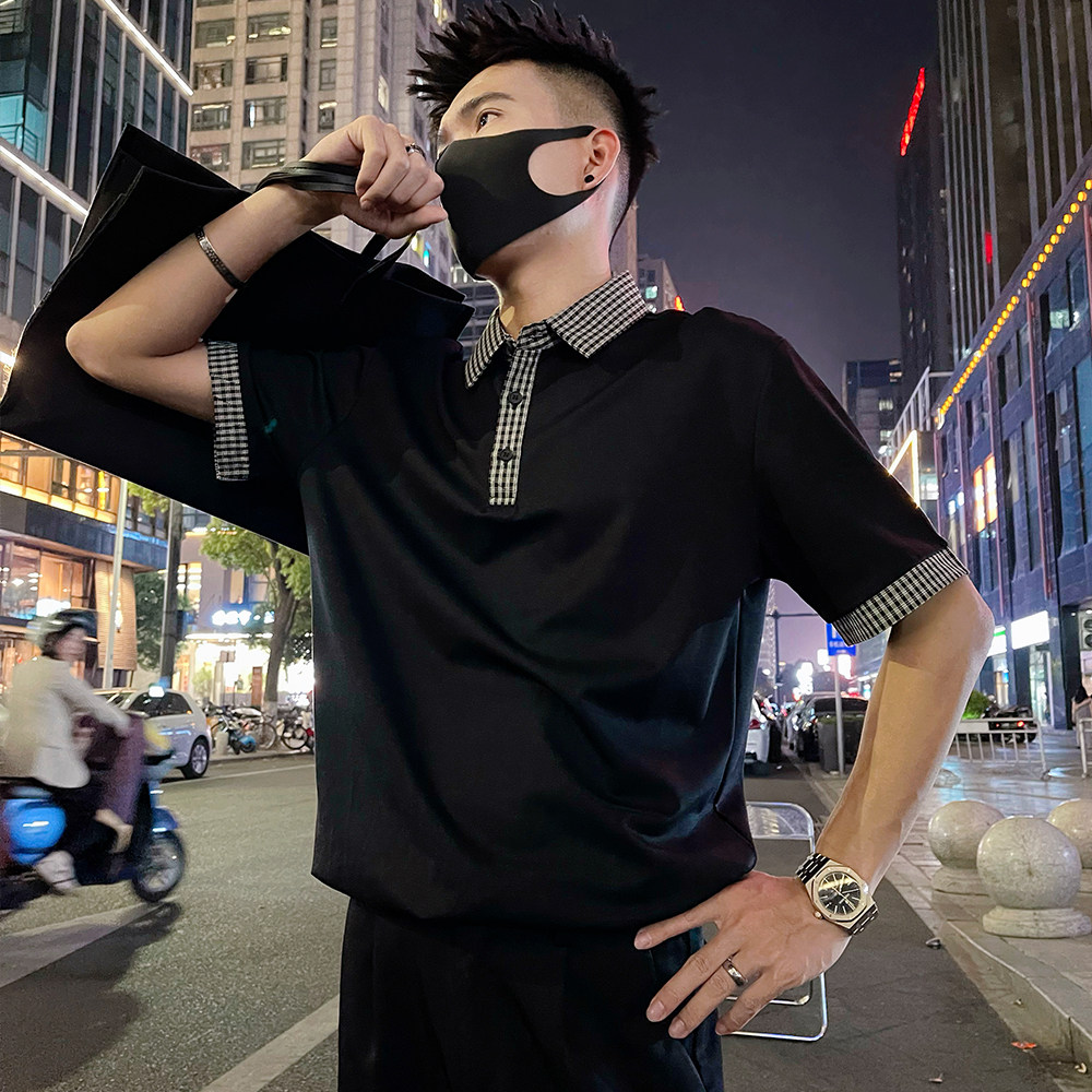 T268/P58控88男士短袖POLO衫设计感格纹拼料撞色休闲男装半袖黑1,男装Polo衫,电商A366