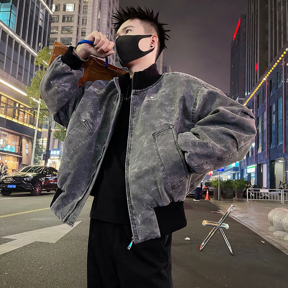 A62/P178控238潮牌秋冬男士短款洗水牛仔痞帅加绒棉服外套黑灰3,男装棉衣,电商A366