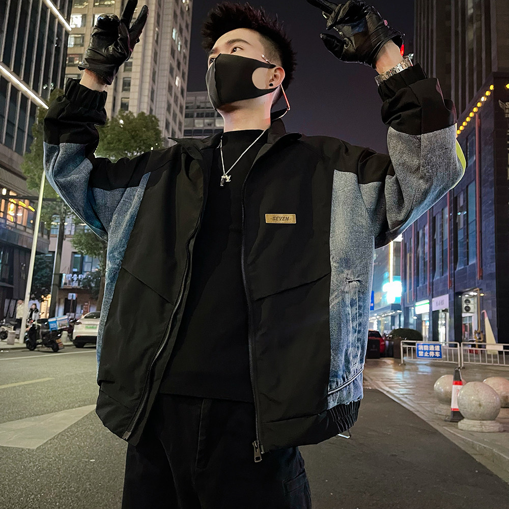 J65/P128控168高级感秋款夹克外套男美式复古牛仔拼接撞色上衣,男装工装外套,电商A366