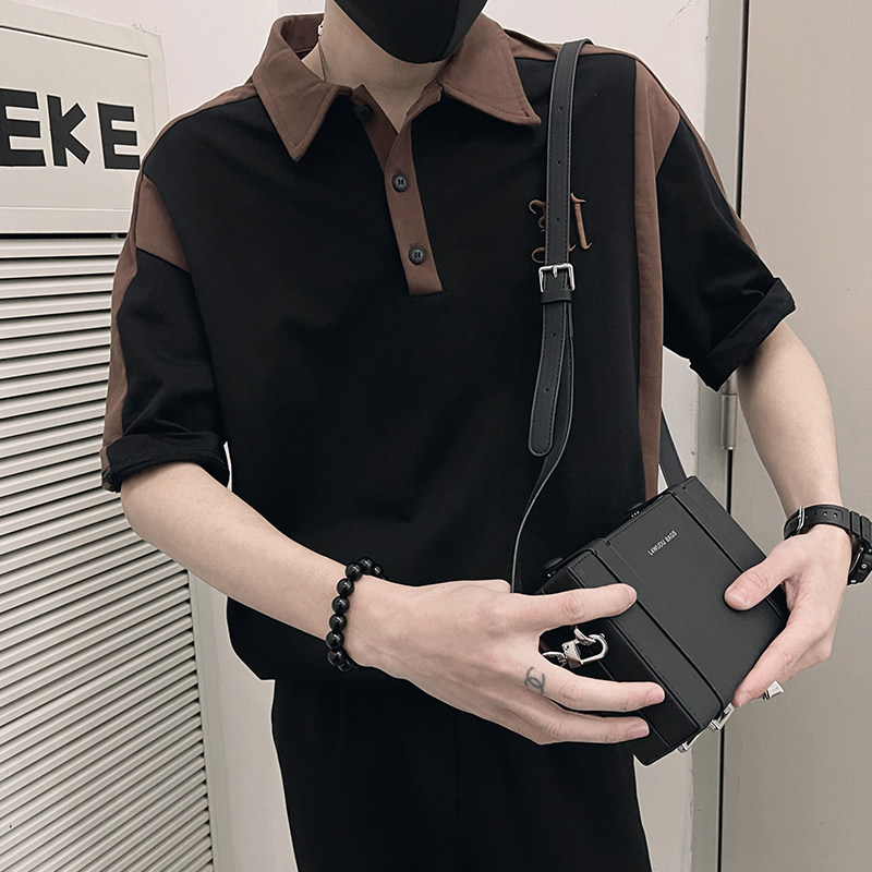 T11/特P58控78夏季拼色刺绣字母潮牌POLO领短袖T恤男社会小伙黑,男装T恤,电商A366
