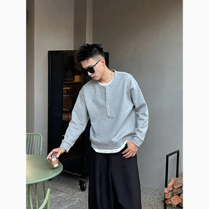 W133/特P98控138 秋款卫衣男潮牌老钱风质感假两件拼接休闲上衣灰,男装卫衣,电商A366