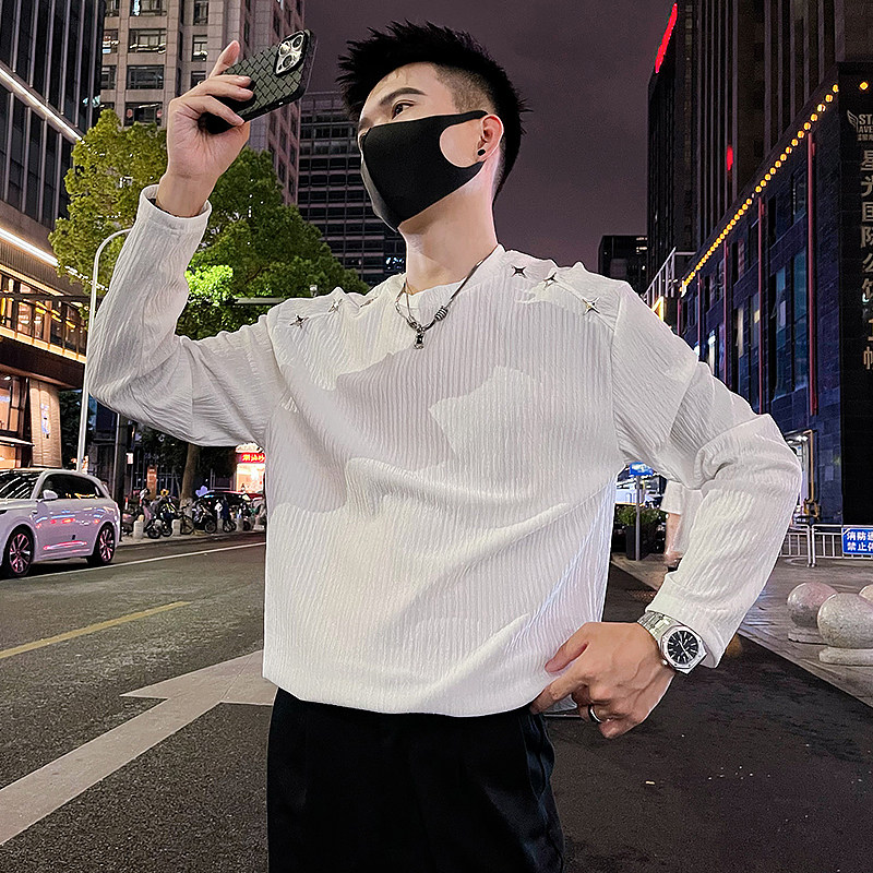 CX06/特P48控68春季小众设计感金属饰肌理感秋季打底内搭长袖T恤,男装T恤,电商A366