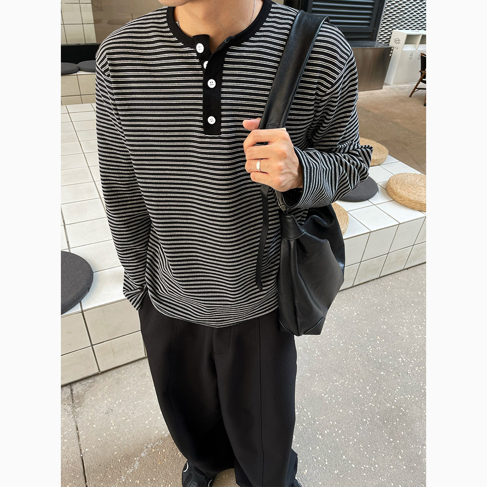 CX11/特P50控80长袖T恤男士潮牌亨利领高级感痞帅条纹打底衫黑3,男装T恤,电商A366
