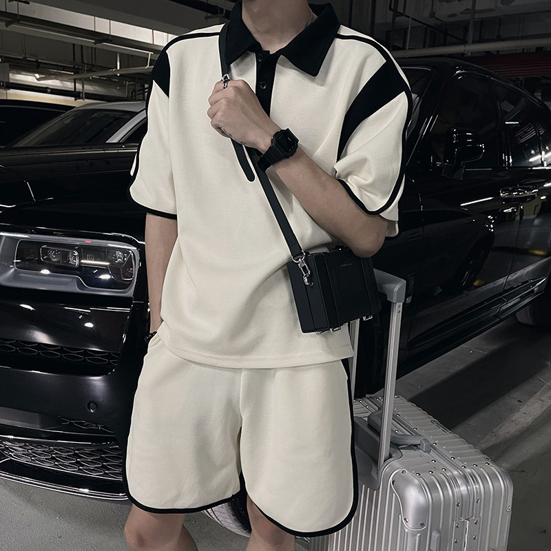TZ01特P105控1492025夏季新款美式撞色设计感短袖休闲两件套杏1,男装休闲套装,电商A366
