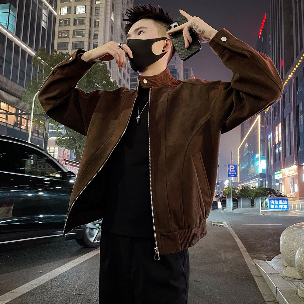 J95/P128控178春款立领潮牌痞帅修身夹克外套休闲男上衣咖1，男装夹克，电商A366