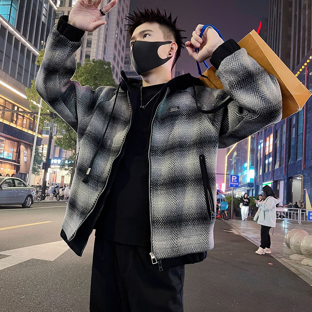 A61/P158控208秋冬保暖加绒假两件抽绳连帽男士棉服外套上衣黑3,男装棉衣,电商A366