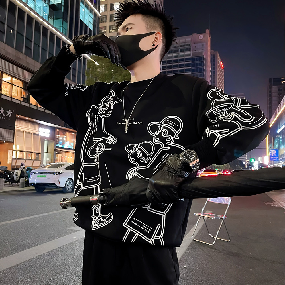 W122/P68控98男士潮牌时尚美式复古印花图案高级感长袖上衣,男装卫衣,电商A366