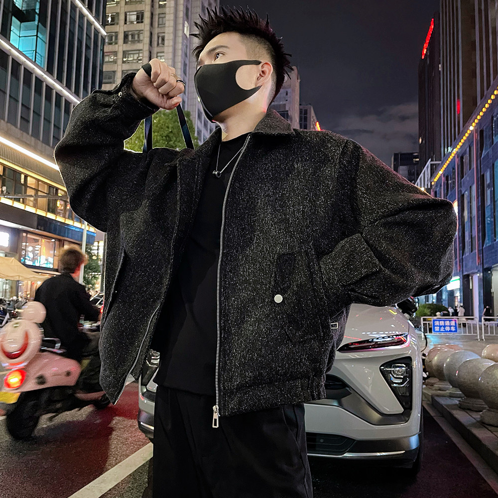 J79P138控178潮牌解构设计痞帅高级感翻领毛呢夹克外套上衣黑3,男装夹克,电商A366