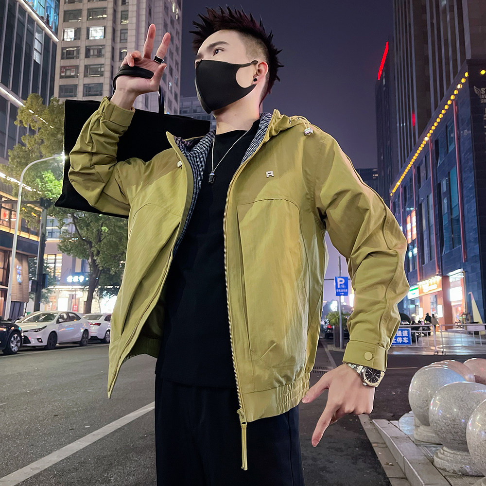J97/P118控165 潮牌痞帅薄款连帽抽绳男生夹克外套休闲上衣黄3图片