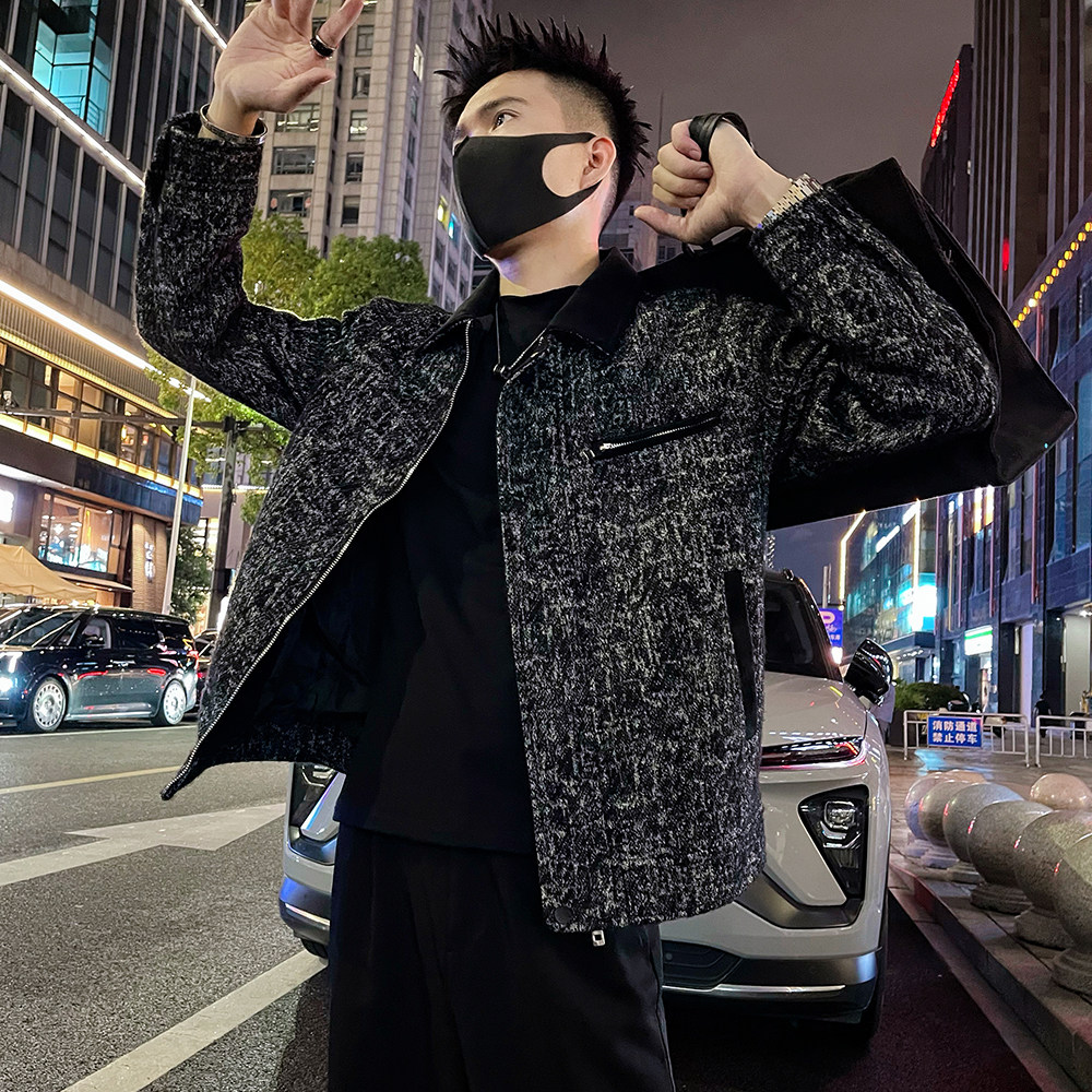 J80/P138控178 拉链装饰痞帅高级感拼接皮翻领毛呢夹克外套黑2图片