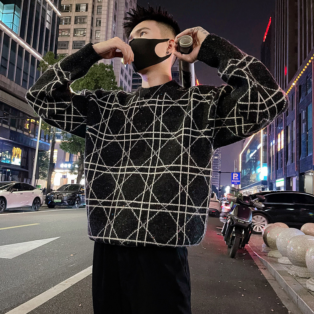 MY90/P98控138时尚菱形格加厚百搭基础针织打底衫潮男痞帅上衣,男装T恤,电商A366