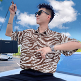 S31/P58控88男士夏季短袖衬衫潮牌休闲冰丝条纹设计感男装黑1，男装T恤，电商A366