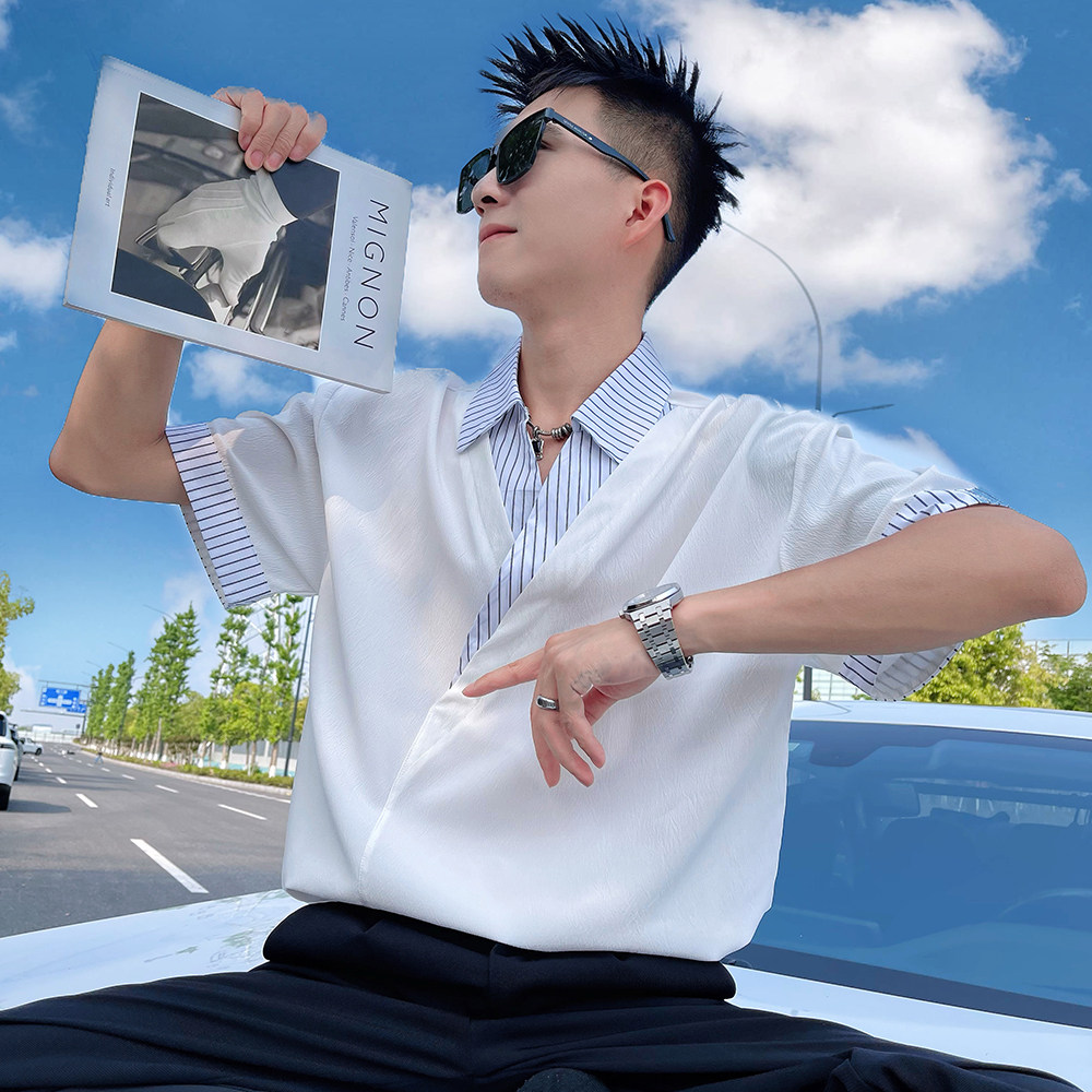 T269/P58控88夏款短袖男T恤潮牌拼接撞色解构设计感衬衫领半袖白1,男装T恤,电商A366