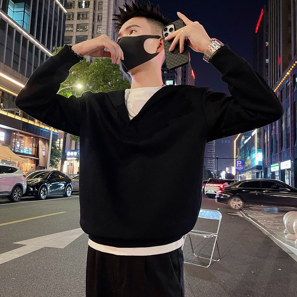 W129/P78控108秋款男士连帽卫衣潮牌休闲个性百搭假两件上衣,男装卫衣,电商A366