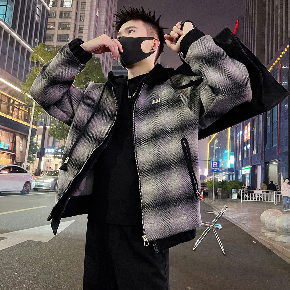 A61/P158控208秋冬保暖加绒假两件抽绳连帽男士棉服外套上衣黑1,男装棉衣,电商A366