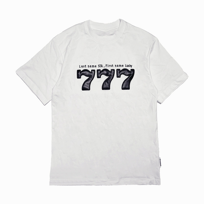 T01/P55控75夏季美式潮牌刺绣贴皮777数字男士短袖T恤社会小伙白,男装T恤,电商A366